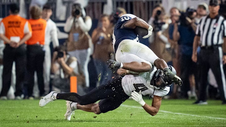 When Brandon Finney (shown here making a tackle against PSU's Nicholas Singleton) lit up Iowa's Kaden Wetjen and forced a fumble, officials weren't even going to review it. Dan Lanning had to call a timeout. When Brandon Finney (shown here making a tackle against PSU's Nicholas Singleton) lit up Iowa's Kaden Wetjen and forced a fumble, officials weren't even going to review it. Dan Lanning had to call a timeout.