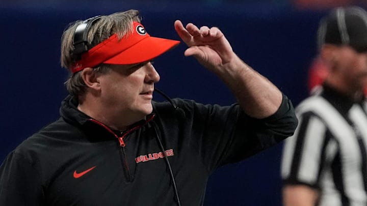 Georgia coach Kirby Smart looks on during the first half of the SEC championship game against Texas in Atlanta, on Saturday, Dec. 7, 2024.