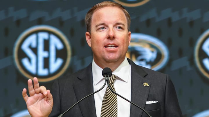Jul 17, 2025; Atlanta, GA, USA; Missouri Tigers head coach Eliah Drinkwitz talks to the media during the SEC Media Days at Omni Atlanta Hotel. Mandatory Credit: Jordan Godfree-Imagn Images
