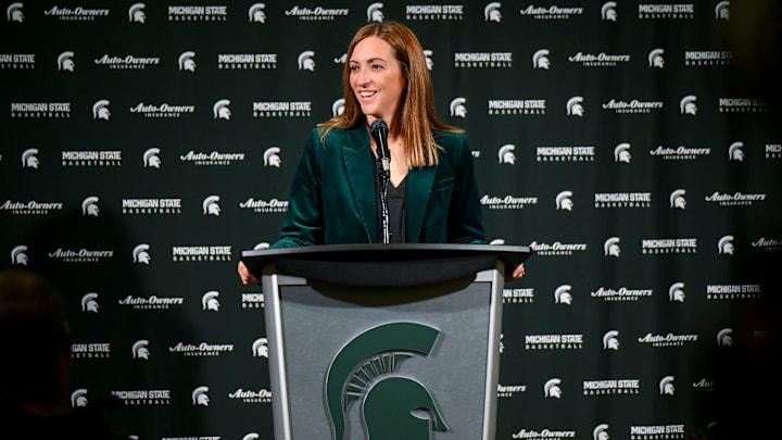Michigan State's head coach Robyn Fralick smiles while speaking during women's basketball media day on Tuesday, Oct. 21, 2025, at the Breslin Center in East Lansing.