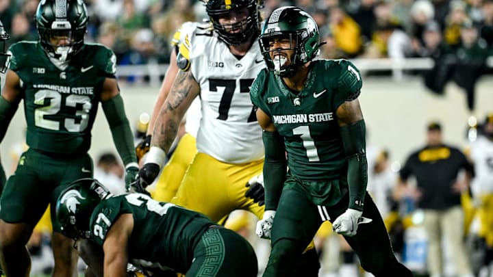 Michigan State's Nikai Martinez celebrates a defensive stop against Iowa in the first quarter on Saturday, Oct. 19, 2024, at Spartan Stadium in East Lansing.