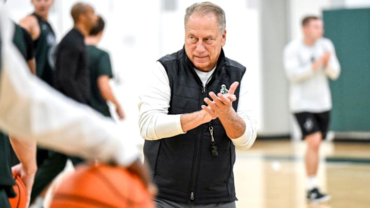 Michigan State's coach Tom Izzo looks on during the first day of basketball practice on Monday, Sept. 22, 2025, at the Breslin Center in East Lansing.