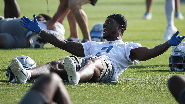 Detroit Lions safety C.J. Gardner-Johnson (2) talks to teammates during warmups for training camp at Detroit Lions Headquarters and Training Facility in Allen Park on Monday, July 24, 2023. Detroit Lions safety C.J. Gardner-Johnson (2) talks to teammates during warmups for training camp at Detroit Lions Headquarters and Training Facility in Allen Park on Monday, July 24, 2023.