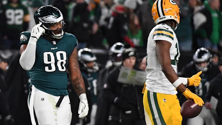 Jan 12, 2025; Philadelphia, Pennsylvania, USA; Philadelphia Eagles defensive tackle Jalen Carter (98) reacts against the Green Bay Packers during the second half in an NFC wild card game at Lincoln Financial Field. Mandatory Credit: Eric Hartline-Imagn Images Jan 12, 2025; Philadelphia, Pennsylvania, USA; Philadelphia Eagles defensive tackle Jalen Carter (98) reacts against the Green Bay Packers during the second half in an NFC wild card game at Lincoln Financial Field. Mandatory Credit: Eric Hartline-Imagn Images