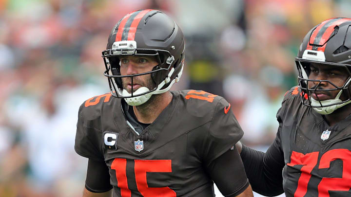 Cleveland Browns quarterback Joe Flacco (15) heads back to the huddle after offensive tackle KT Leveston (72) allowed a sack during the second half of an NFL football game at Huntington Bank Field, Sept. 21, 2025, in Cleveland, Ohio.