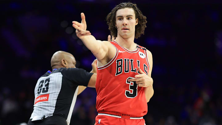 Feb 24, 2025; Philadelphia, Pennsylvania, USA; Chicago Bulls guard Josh Giddey (3) reacts after his three pointer against the Philadelphia 76ers during the fourth quarter at Wells Fargo Center. Mandatory Credit: Bill Streicher-Imagn Images