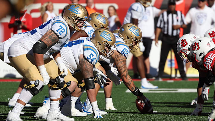Sep 23, 2023; Salt Lake City, Utah, USA; UCLA Bruins offense lines up against the Utah Utes defense in the fourth quarter at Rice-Eccles Stadium. Mandatory Credit: Rob Gray-Imagn Images Sep 23, 2023; Salt Lake City, Utah, USA; UCLA Bruins offense lines up against the Utah Utes defense in the fourth quarter at Rice-Eccles Stadium. Mandatory Credit: Rob Gray-Imagn Images
