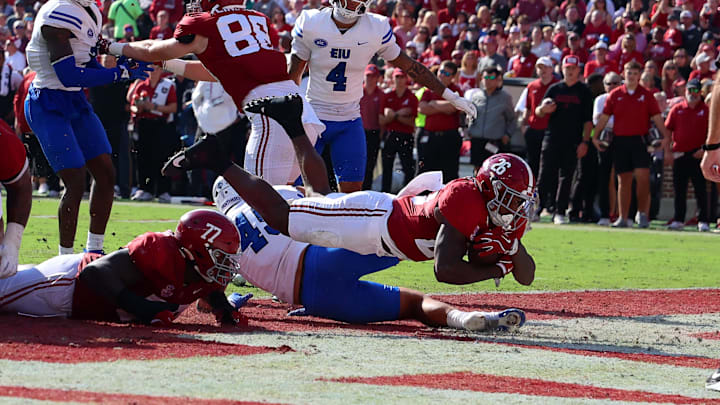 Nov 22, 2025; Tuscaloosa, Alabama, USA; Alabama Crimson Tide running back Jam Miller (26) dives into the endzone during the first half against the Eastern Illinois Panthers at Saban Field at Bryant-Denny Stadium. Mandatory Credit: David Leong-Imagn Images
