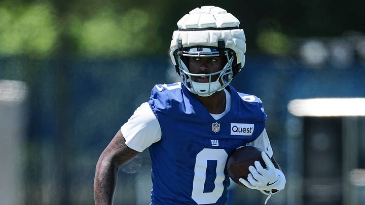 New York Giants wide receiver Malachi Fields (0) participates in drills during organized team activities at Quest Diagnostics Training Center. New York Giants wide receiver Malachi Fields (0) participates in drills during organized team activities at Quest Diagnostics Training Center.