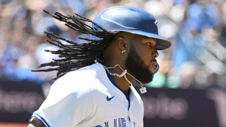 Jun 6, 2024; Toronto, Ontario, CAN;  Toronto Blue Jays first baseman Vladimir Guerrero Jr. (27) rounds the bases after hitting a three run home run against the Baltimore Orioles in the third inning at Rogers Centre.