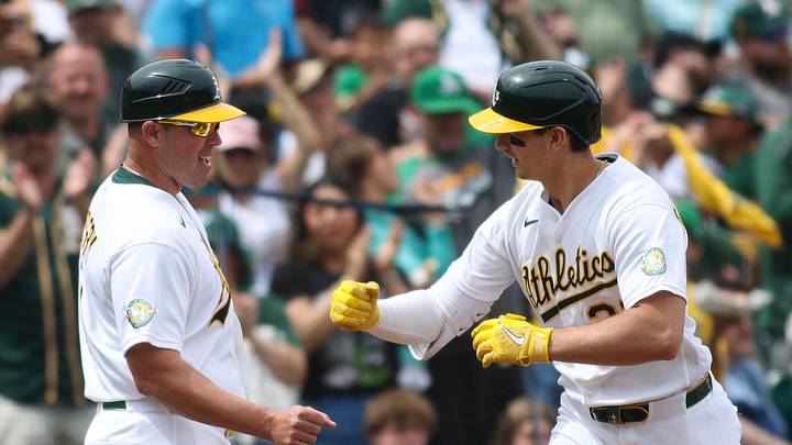 May 3, 2026; West Sacramento, California, USA; Athletics left fielder Tyler Soderstrom (right) celebrates with Athletics third base coach Bobby Crosby (left) as he rounds the bases after hitting a solo home run during the fifth inning against the Cleveland Guardians at Sutter Health Park. Mandatory Credit: Scott Marshall-Imagn Images