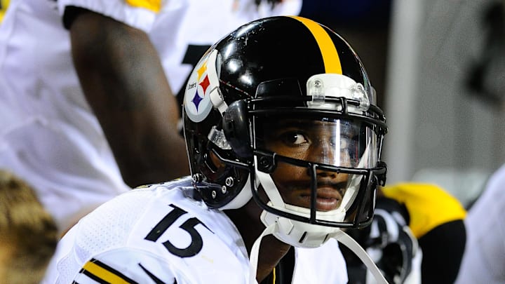 Aug 19, 2013; Landover, MD, USA; Pittsburgh Steelers wide receiver Justin Brown (15) on the sidelines during the second half against the Washington Redskins at FedEX Field. Mandatory Credit: Brad Mills-Imagn Images