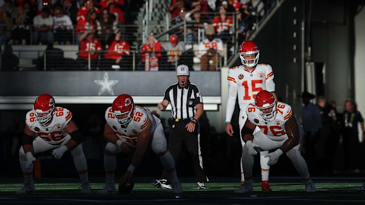 Nov 27, 2025; Arlington, Texas, USA; Kansas City Chiefs quarterback Patrick Mahomes (15) waits for the snap against the Dallas Cowboys during the second quarter at AT&T Stadium. Mandatory Credit: Kevin Jairaj-Imagn Images Nov 27, 2025; Arlington, Texas, USA; Kansas City Chiefs quarterback Patrick Mahomes (15) waits for the snap against the Dallas Cowboys during the second quarter at AT&T Stadium. Mandatory Credit: Kevin Jairaj-Imagn Images