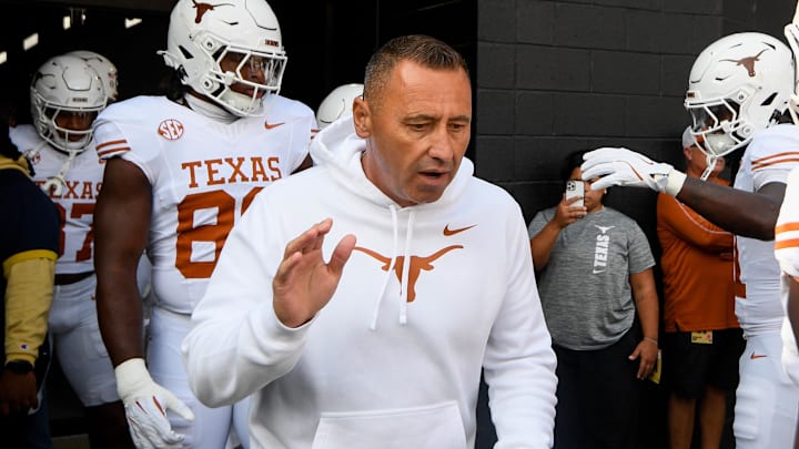 Oct 26, 2024; Nashville, Tennessee, USA;  Texas Longhorns head coach Steve Sarkisian waits for his team to take the field against the Vanderbilt Commodores during the first half at FirstBank Stadium. Mandatory Credit: Steve Roberts-Imagn Images