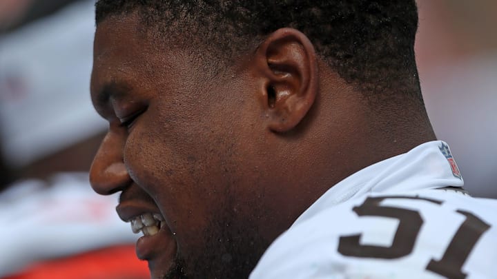 Browns defensive tackle Mike Hall Jr. heads back to the bench during the first half of a preseason game, Saturday, Aug. 17, 2024, in Cleveland.