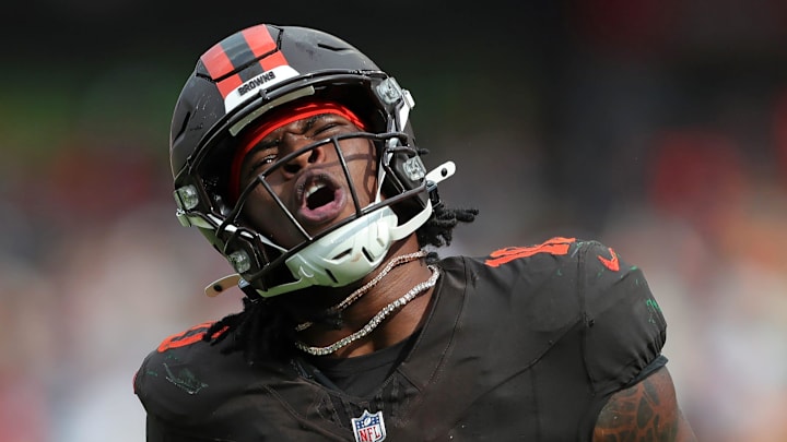 Cleveland Browns running back Quinshon Judkins (10) celebrates after his first career touchdown during the second half of an NFL football game against the Green Bay Packers at Huntington Bank Field, Sept. 21, 2025, in Cleveland, Ohio.