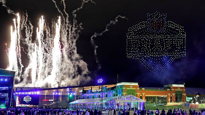 The NFL Draft logo via firework display