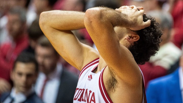Indiana's Anthony Leal (3) reacts to the loss after the Indiana versus Maryland men's basketball game at Simon Skjodt Assembly Hall on Sunday, Jan. 26, 2025.