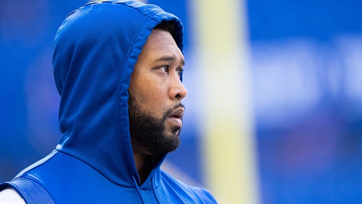 Indianapolis Colts defensive tackle Deforest Buckner (99) makes his way onto the field for warmups Sunday, Oct. 12, 2025, ahead of the game against the Arizona Cardinals at Lucas Oil Stadium in Indianapolis.