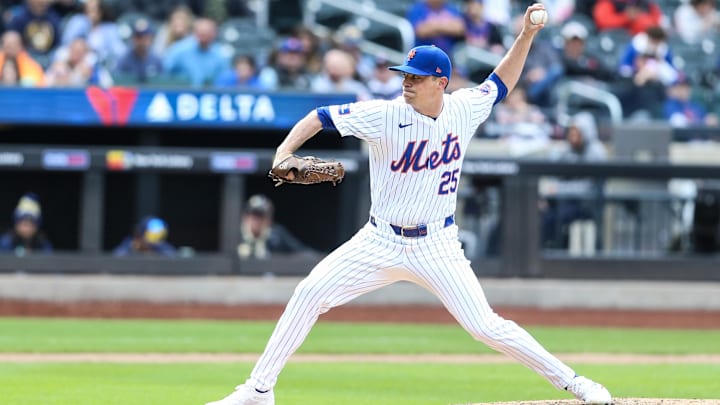 Mar 31, 2024; New York City, New York, USA;  New York Mets relief pitcher Brooks Raley (25) pitches in the ninth inning against the Milwaukee Brewers at Citi Field. Mandatory Credit: Wendell Cruz-Imagn Images