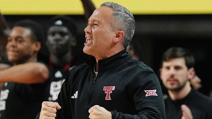 Texas Tech Red Raiders men's basketball coach Grant McCasland reacts after a score against Iowa State during the second half in the Big-12 conference men’s basketball showdown on Feb. 28, 2026, at Hilton Coliseum in Ames, Iowa. Texas Tech Red Raiders men's basketball coach Grant McCasland reacts after a score against Iowa State during the second half in the Big-12 conference men’s basketball showdown on Feb. 28, 2026, at Hilton Coliseum in Ames, Iowa.