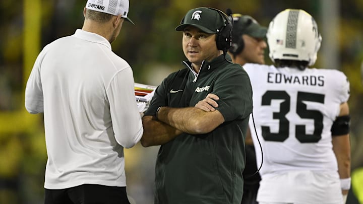 Oct 4, 2024; Eugene, Oregon, USA; Michigan State Spartans head coach Jonathan Smith during the second half in a game against the Oregon Ducks at Autzen Stadium. Mandatory Credit: Troy Wayrynen-Imagn Images