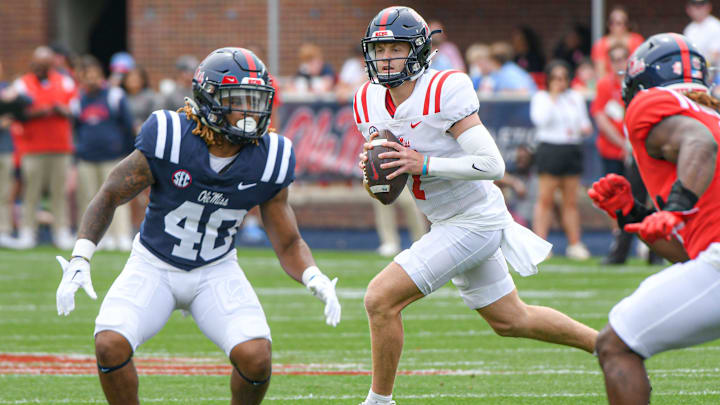 Navy team quarterback Walker Howard (7) rolls out during Ole Miss Grove Bowl at Vaught-Hemingway Stadium in Oxford, Miss. on Saturday, April 15, 2023.

Ole Miss Grove Bowl