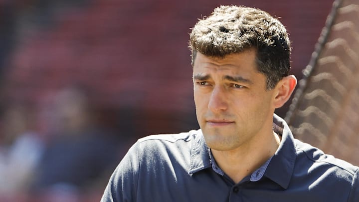 Aug 28, 2022; Boston, Massachusetts, USA; Chaim Bloom, Chief Baseball Officer of the Boston Red Sox on the field before the game between the Boston Red Sox and the Tampa Bay Rays at Fenway Park. Mandatory Credit: Winslow Townson-Imagn Images