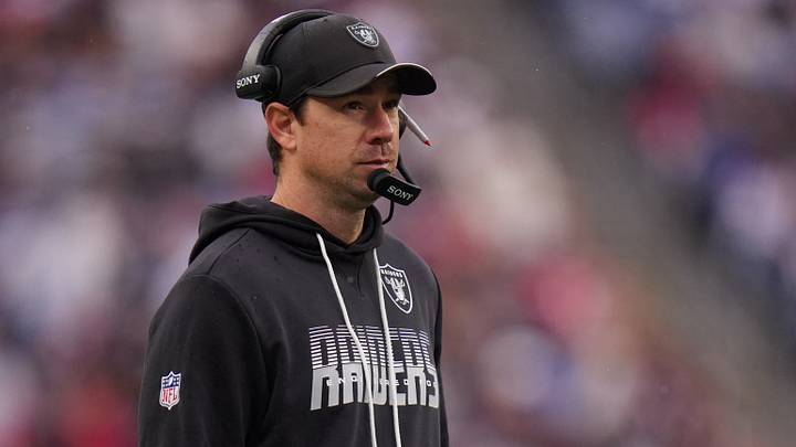 Oct 11, 2026; Foxborough, Massachusetts, USA; Las Vegas Raiders head coach Klint Kubiak watches from the sideline as they take on the New England Patriots at Gillette Stadium. Mandatory Credit: David Butler II-Imagn Images
