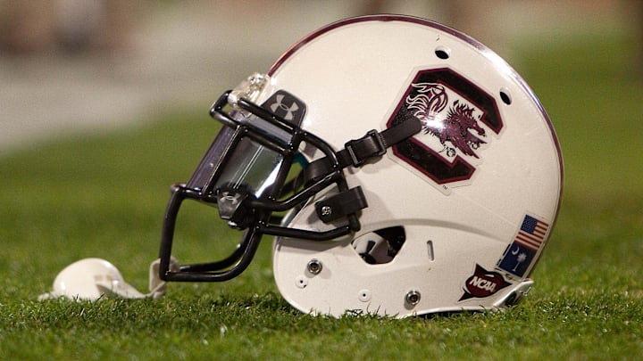 Nov 24, 2012; Clemson, SC, USA; A general view of a South Carolina Gamecocks helmet prior to the game against the Clemson Tigers at Clemson Memorial Stadium. Mandatory Credit: Joshua S. Kelly-USA TODAY Sports