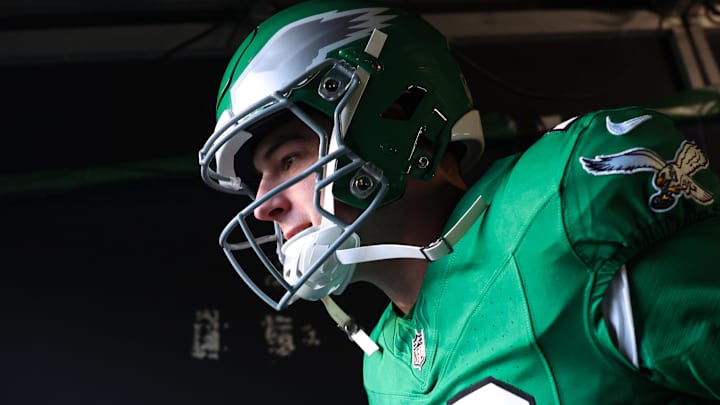 Jan 4, 2026; Philadelphia, Pennsylvania, USA; Philadelphia Eagles quarterback Tanner McKee walks from the tunnel before action against the Washington Commanders at Lincoln Financial Field.