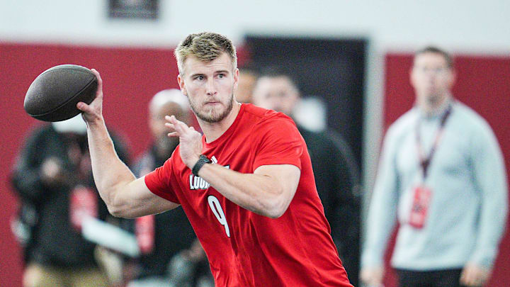 Louisville quarterback Tyler Shough during Pro Day at the UofL Football's Trager Indoor Practice Facility Tuesday, March 25, 2025. Louisville quarterback Tyler Shough during Pro Day at the UofL Football's Trager Indoor Practice Facility Tuesday, March 25, 2025.