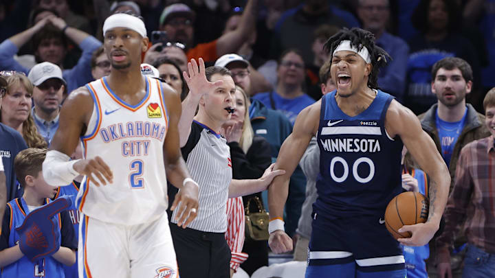 Feb 24, 2025; Oklahoma City, Oklahoma, USA; Minnesota Timberwolves guard Terrence Shannon Jr. (00) reacts after a play against the Oklahoma City Thunder during the second half at Paycom Center. Mandatory Credit: Alonzo Adams-Imagn Images