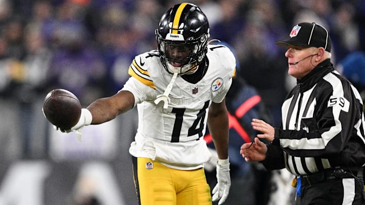 Jan 11, 2025; Baltimore, Maryland, USA; Pittsburgh Steelers wide receiver George Pickens (14) reacts after a catch against the Baltimore Ravens in the fourth quarter in an AFC wild card game at M&T Bank Stadium. Mandatory Credit: Tommy Gilligan-Imagn Images