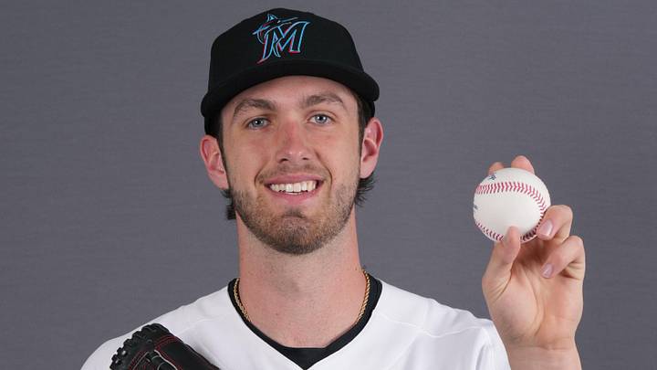 Feb 18, 2026; Jupiter, FL, USA; Miami Marlins pitcher Thomas White (35) poses during photo day at Roger Dean Stadium. Mandatory Credit: Jim Rassol-Imagn Images