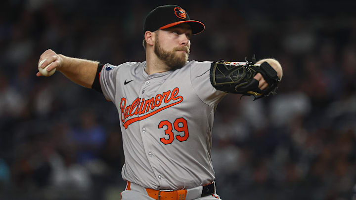 Sep 26, 2024; Bronx, New York, USA; Baltimore Orioles starting pitcher Corbin Burnes (39) delivers a pitch during the first inning against the New York Yankees at Yankee Stadium. Mandatory Credit: Vincent Carchietta-Imagn Images Sep 26, 2024; Bronx, New York, USA; Baltimore Orioles starting pitcher Corbin Burnes (39) delivers a pitch during the first inning against the New York Yankees at Yankee Stadium. Mandatory Credit: Vincent Carchietta-Imagn Images