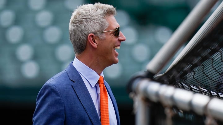 Jul 27, 2022; Baltimore, Maryland, USA;  Baltimore Orioles general manager Mike Elias reacts on the field before the game between the Baltimore Orioles and the Tampa Bay Rays at Oriole Park at Camden Yards.