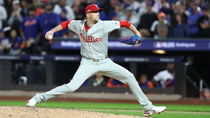 Oct 9, 2024; New York, New York, USA; Philadelphia Phillies pitcher Jeff Hoffman (23) throws a pitch in the fifth inning against the New York Mets  in game four of the NLDS for the 2024 MLB Playoffs at Citi Field. 