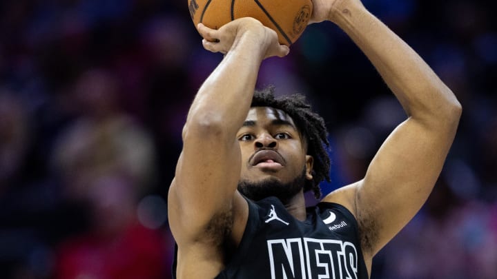Apr 14, 2024; Philadelphia, Pennsylvania, USA; Brooklyn Nets guard Cam Thomas (24) shoots against the Philadelphia 76ers during the first quarter at Wells Fargo Center. Mandatory Credit: Bill Streicher-USA TODAY Sports