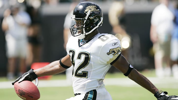 Sep 11, 2005; Jacksonville, FL USA; Jacksonville Jaguars receiver Jimmy Smith celebrates his second TD.