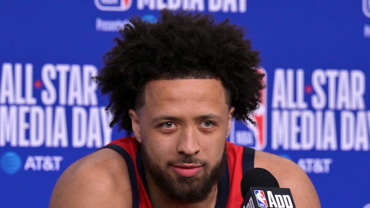 Team USA Stars guard Cade Cunningham (2) of the Detroit Pistons during a news conference for the NBA All Star game at Intuit Dome on Feb 13, 2026. Team USA Stars guard Cade Cunningham (2) of the Detroit Pistons during a news conference for the NBA All Star game at Intuit Dome on Feb 13, 2026.
