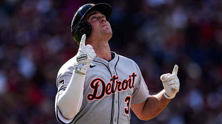 Detroit Tigers designated hitter Kerry Carpenter (30) celebrates as he walks to first base during the first inning of Game 3 of AL wild-card series at Progressive Field in Cleveland on Thursday, Oct. 2, 2025.