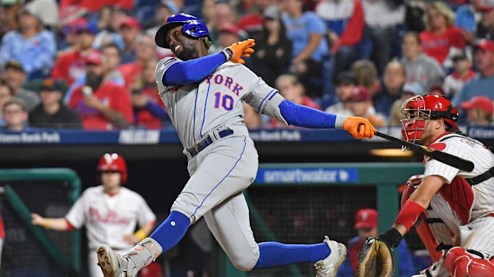 Sep 24, 2023; Philadelphia, Pennsylvania, USA; New York Mets shortstop Ronny Mauricio (10) hits a two run home run during the sixth inning against the Philadelphia Phillies at Citizens Bank Park. Mandatory Credit: Eric Hartline-Imagn Images