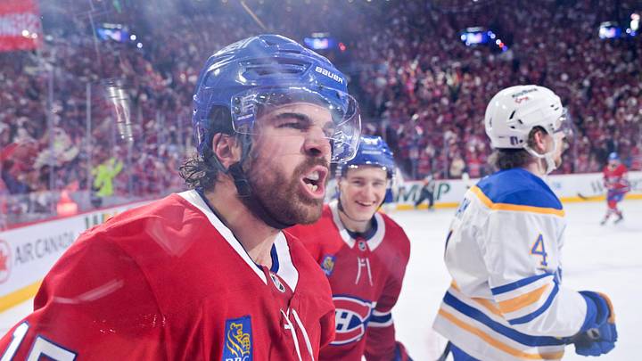 May 12, 2026; Montreal, Quebec, CAN; Montreal Canadiens forward Alex Newhook (15) celebrates with teammate forward Ivan Demidov (93) after scoring a goal against the Buffalo Sabres during the first period in game four of the second round of the 2026 Stanley Cup Playoffs at Bell Centre. Mandatory Credit: Eric Bolte-Imagn Images