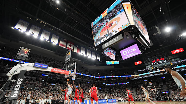Apr 13, 2025; San Antonio, Texas, USA; Overall view of a game between the San Antonio Spurs and Toronto Raptors during the second half at Frost Bank Center. Mandatory Credit: Scott Wachter-Imagn Images Apr 13, 2025; San Antonio, Texas, USA; Overall view of a game between the San Antonio Spurs and Toronto Raptors during the second half at Frost Bank Center. Mandatory Credit: Scott Wachter-Imagn Images