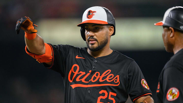 Jul 29, 2024; Baltimore, Maryland, USA; Baltimore Orioles outfielder Anthony Santander (25) reacts after hitting a single during the second inning against the Toronto Blue Jays at Oriole Park at Camden Yards. Jul 29, 2024; Baltimore, Maryland, USA; Baltimore Orioles outfielder Anthony Santander (25) reacts after hitting a single during the second inning against the Toronto Blue Jays at Oriole Park at Camden Yards.