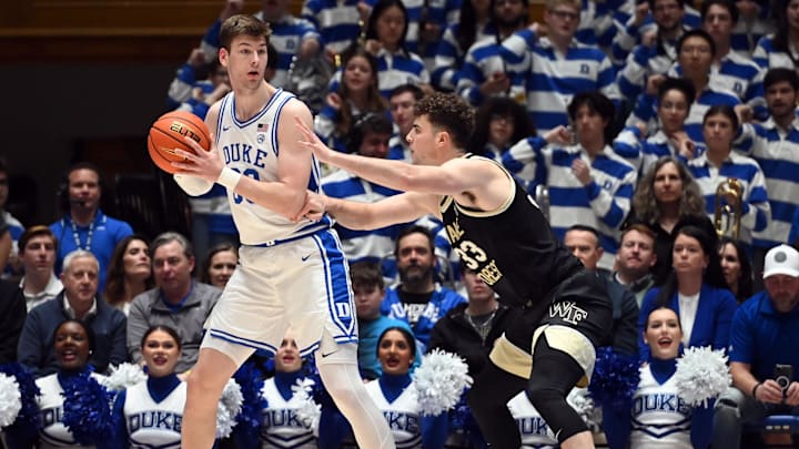 Feb 12, 2024; Durham, North Carolina, USA;  Duke Blue Devils center Kyle Filipowski (30) controls
