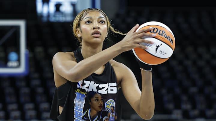 Chicago Sky forward Angel Reese warms up for a game.