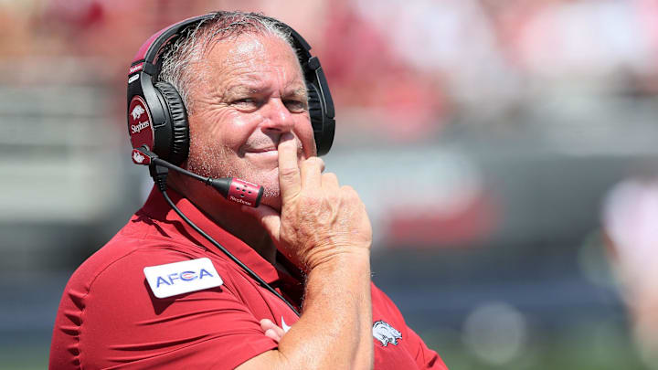 Sep 2, 2023; Little Rock, Arkansas, USA; Arkansas Razorbacks head coach Sam Pittman during the second half against the Western Carolina Catamounts at War Memorial Stadium. Mandatory Credit: Nelson Chenault-Imagn Images