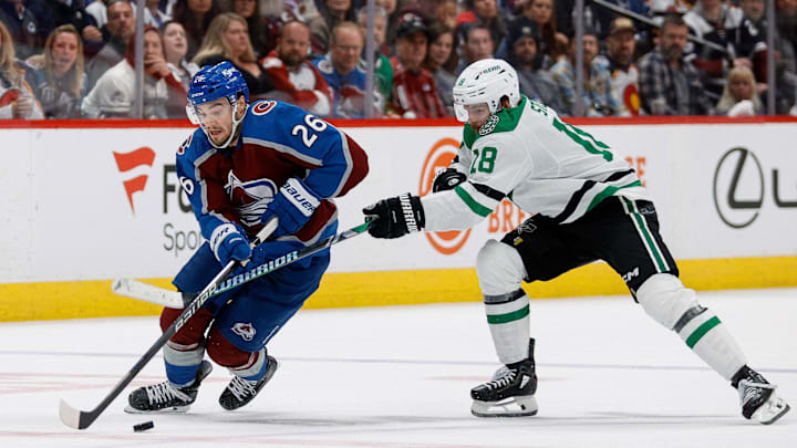 May 13, 2024; Denver, Colorado, USA; Colorado Avalanche defenseman Sean Walker (26) controls the